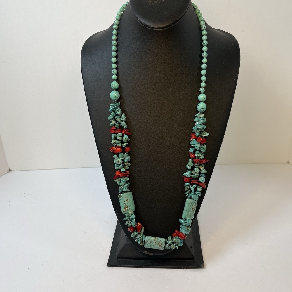 Vintage Turquoise and Red‎ Coral Shell Long Beaded Necklace